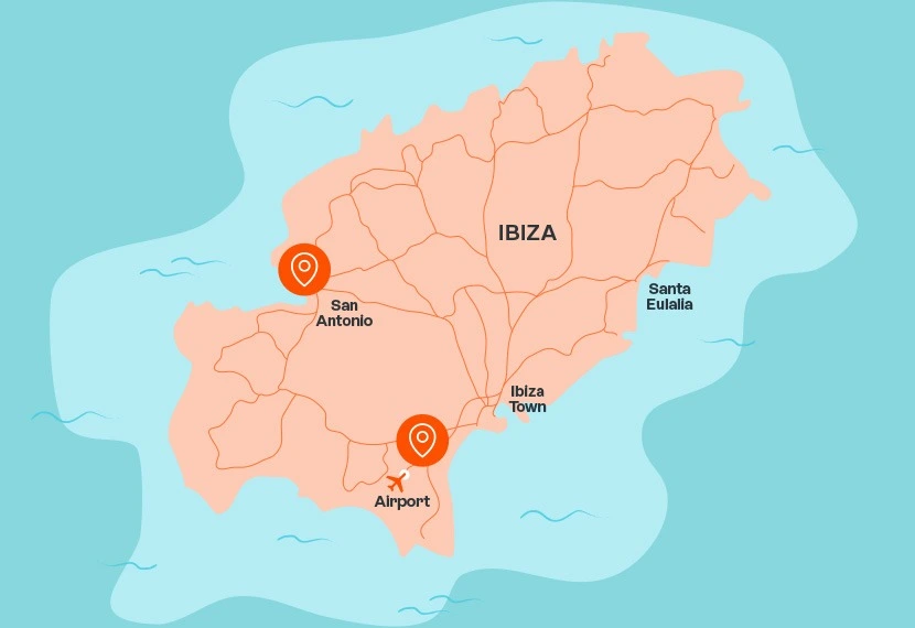 Mapa de Ibiza con puntos Moto Luis
